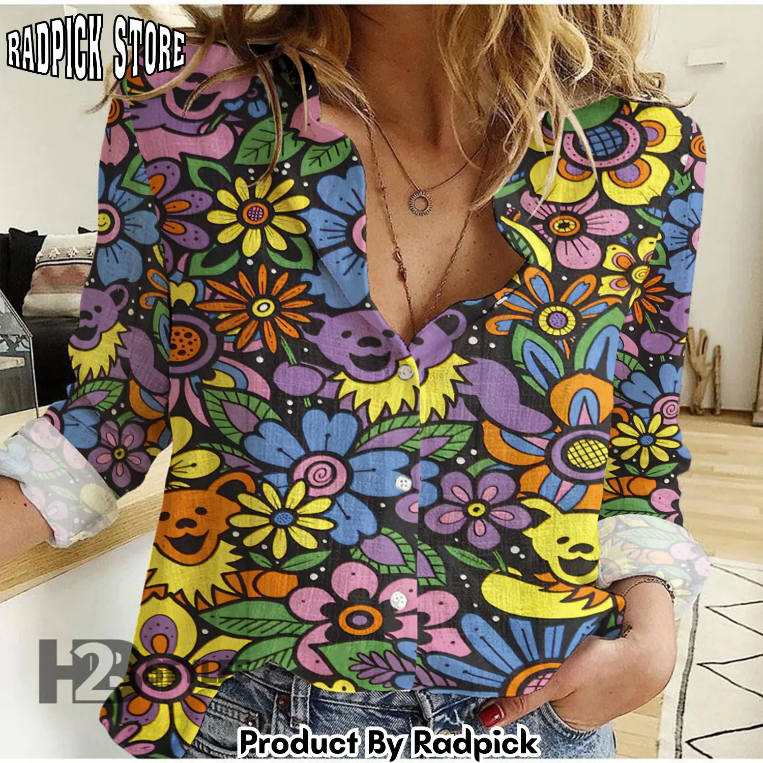 Radpick the grateful dead bear flower linen casual sh rp66266
